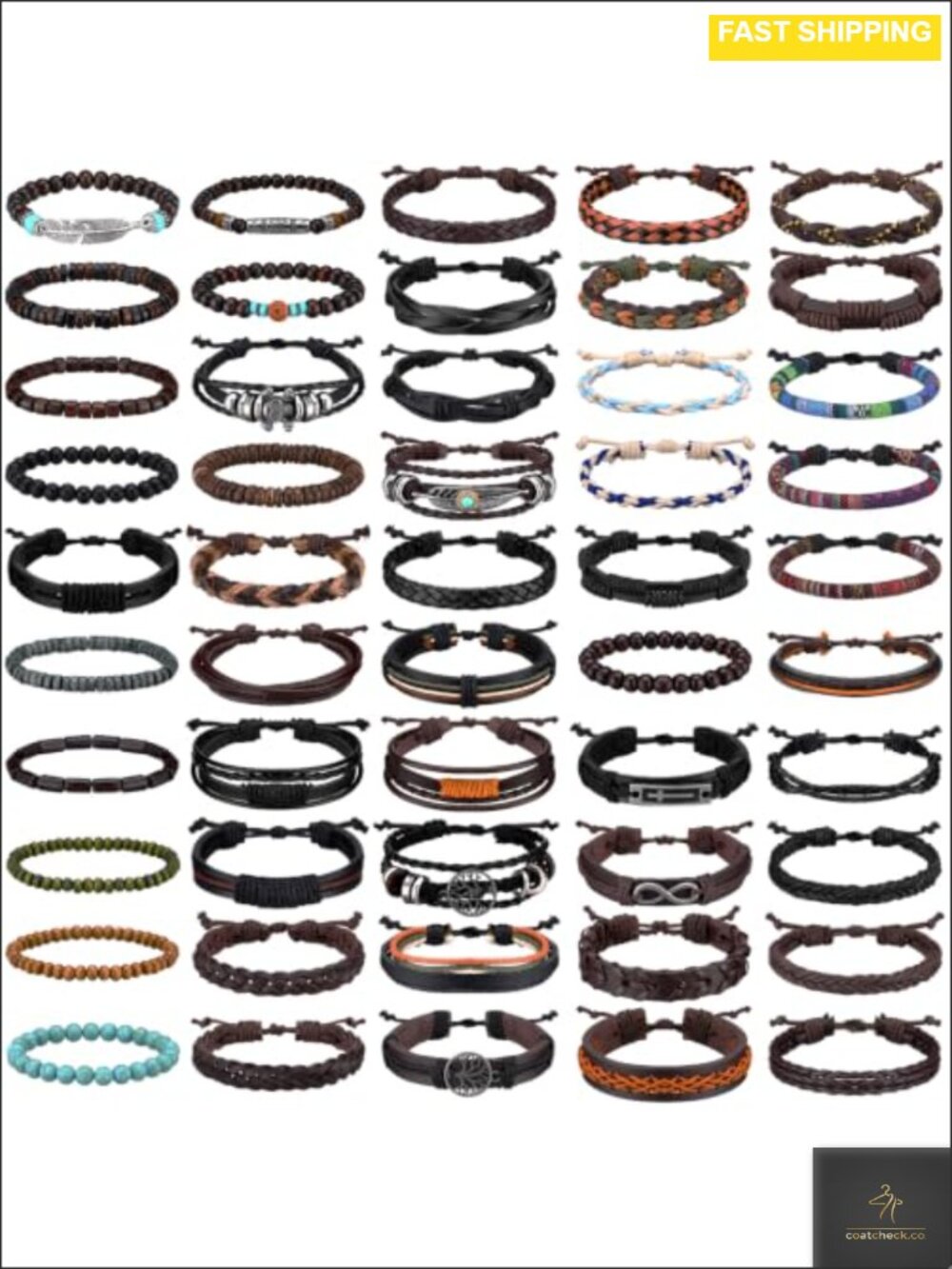Braided Leather Bracelet Set 50 Pcs Adjustable Wooden Bead Cuff Men